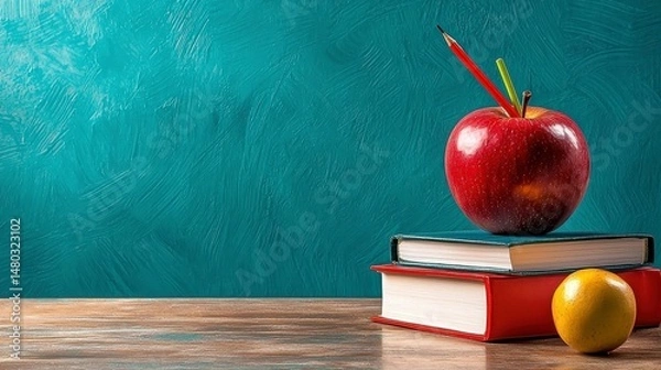 Fototapeta Red Apple and Books on Wooden Desk Against Teal Background
