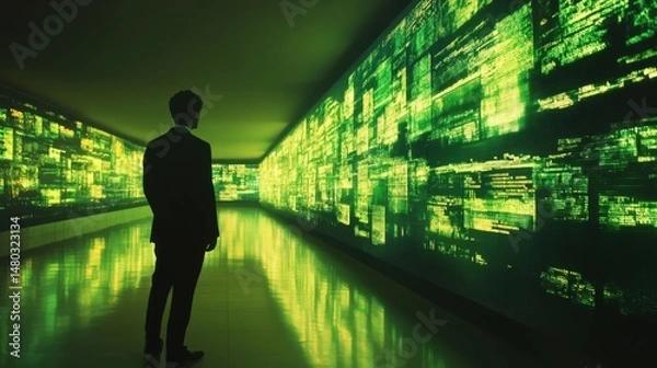 Fototapeta Man in Suit Observes Digital Data Wall in Modern Technology Space