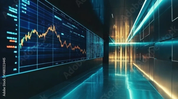 Obraz Futuristic Corridor with Stock Market Graphs and Neon Lighting