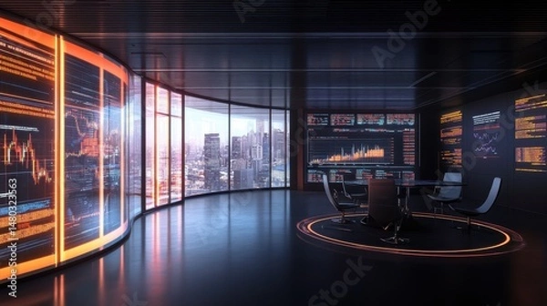 Fototapeta Modern Business Conference Room with City View and Data Displays