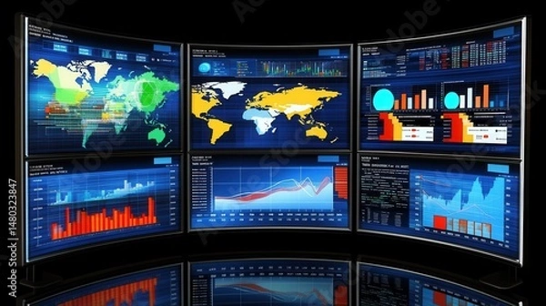 Obraz Futuristic Data Visualization on Multiple Screens for Analysis