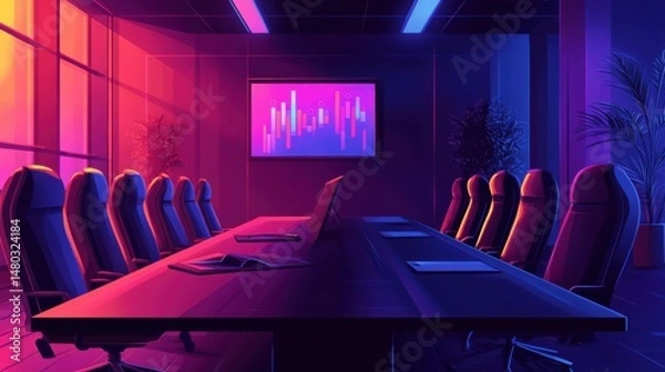 Fototapeta Modern Conference Room with Colorful Lighting and Digital Display