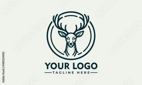 Fototapeta Elegant Line Art Illustration of a Deer Head with Antlers in Profile within a Circular Frame. Animal Illustration Concept