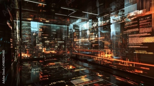 Obraz Futuristic Digital Environment with Neon Lights and Data Streams