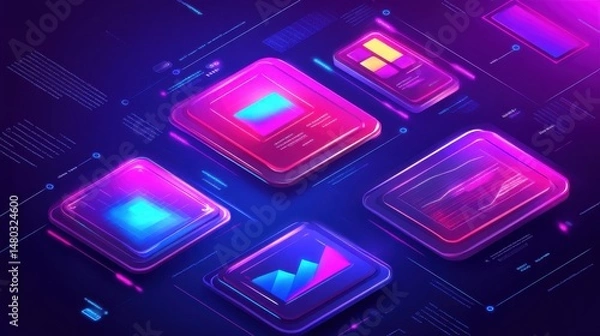 Obraz Futuristic Digital Interface with Bright Neon Graphics and Data