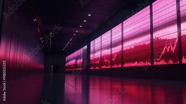 Fototapeta Modern Data Center with Pink Graphs Displayed on Large Screens