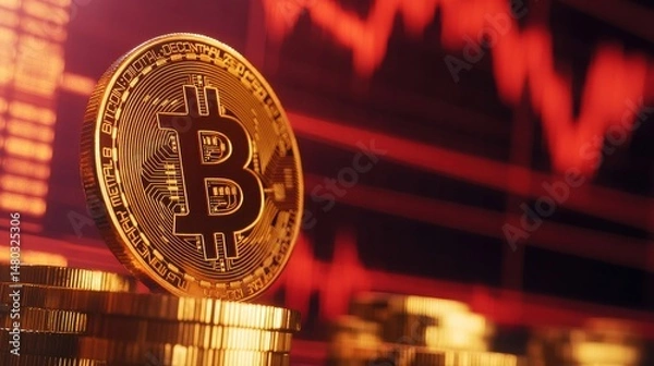 Obraz Golden Bitcoin Coin Stands Amidst Falling Cryptocurrency Graph Background