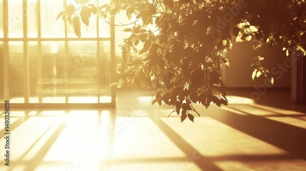 Obraz Golden Hour Sunlight Streaming Through Window with Leafy Branches