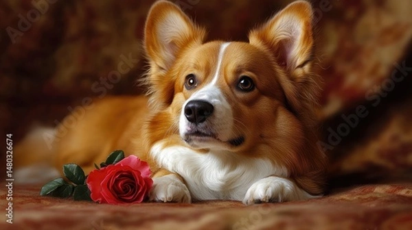 Fototapeta Adorable corgi resting with rose on plush fabric