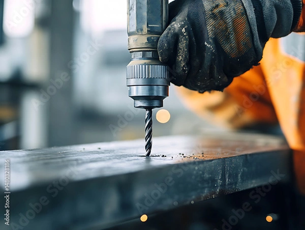 Fototapeta Close-up of a Worker Drilling into Metal