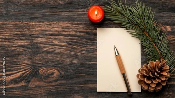 Fototapeta Rustic Winter Holiday Scene Blank Notecard with Pen, Candle, and Pine