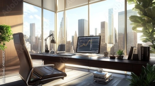 Fototapeta Modern Office Workspace with Urban View and Financial Charts Display