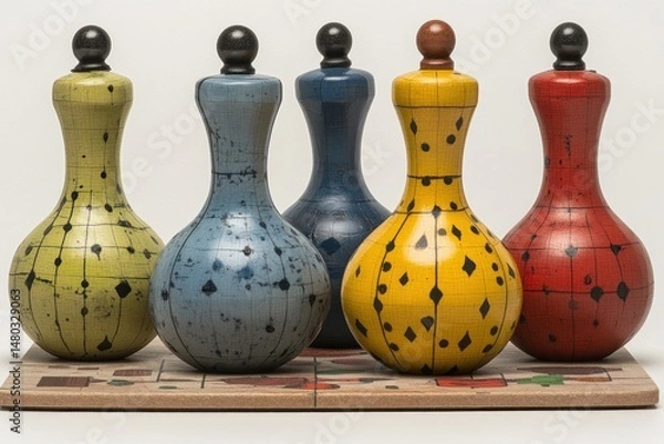 Fototapeta Colorful decorative bottles arranged on a game board.  Five ceramic, decorative bottles in various colors,  with patterned designs,  sit on a light beige board