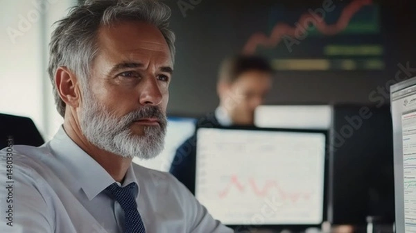 Fototapeta Thoughtful businessman analyzing data in modern office setting