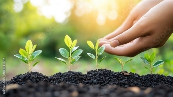 Fototapeta Nurturing Seedlings in Soil with Gentle Hand Under Soft Sunlight
