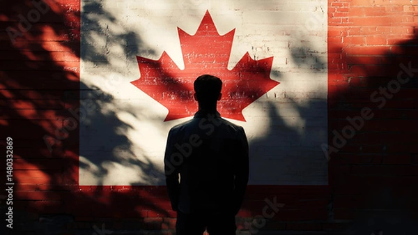 Obraz A Man in front of a Canadian flag painted on a concrete wall