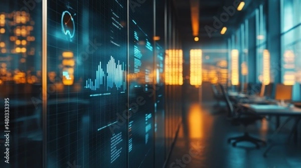 Obraz Modern Office with Data Visualization and Urban Cityscape at Night