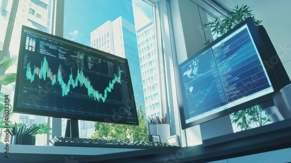 Obraz Modern Office Workspace with Dual Monitors Displaying Stock Charts