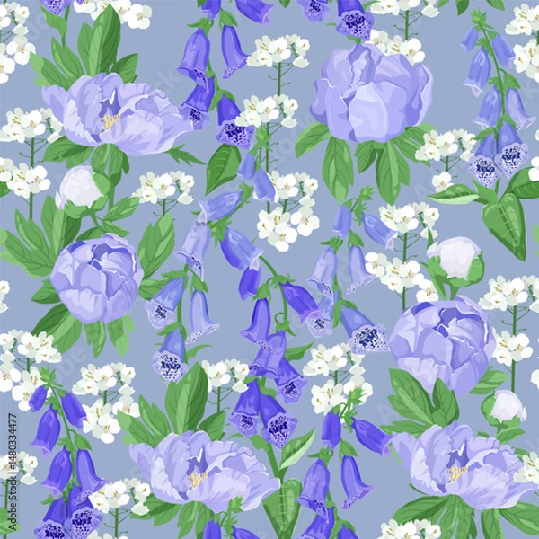 Fototapeta Seamless vector illustration with digitalis and peonies on a blue background. For decorating textiles, packaging