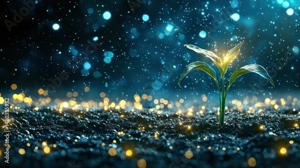 Fototapeta Seedling emerging from dark earth, illuminated bokeh lights