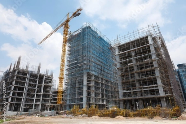 Fototapeta Construction site with crane and buildings under construction low angle view in urban area daytime