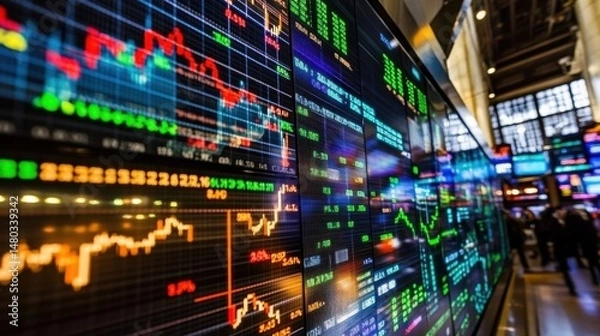 Fototapeta Stock Market Data Visualization with Colorful Graphs and Charts