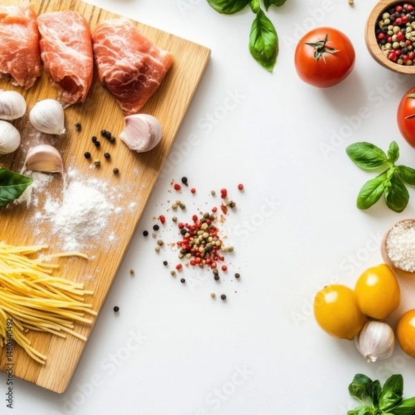 Fototapeta Overhead shot of fresh ingredients for Italian cooking featuring meat pasta vegetables and spices on white background