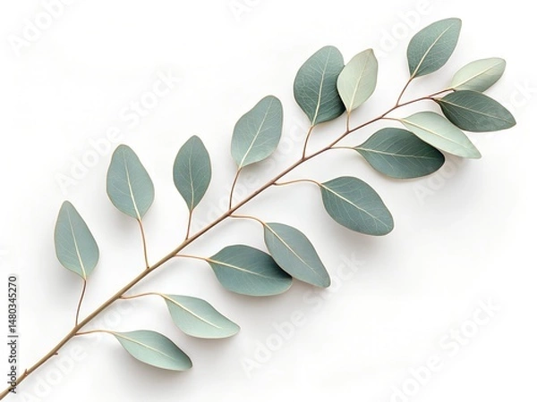 Obraz High-resolution photo of a single eucalyptus branch with muted green leaves placed diagonally on a pure white background, soft daylight, top-down view, minimal natural composition.
