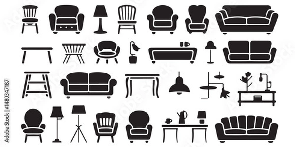 Fototapeta set of black vector various style furniture silhouettes	

