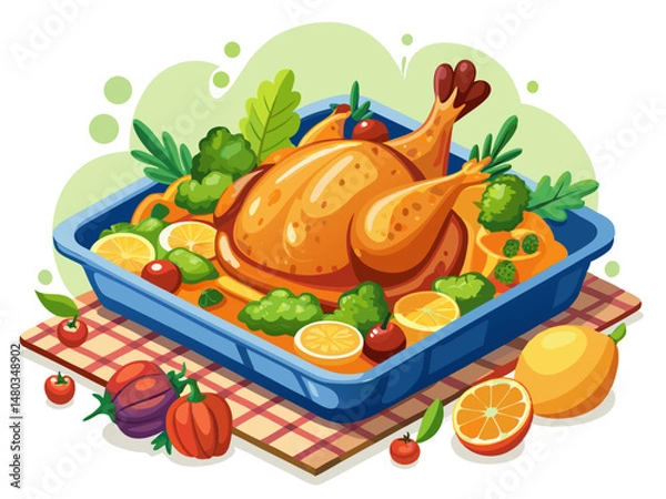 Fototapeta A flat vector of a whole roasted chicken in a deep baking tray with vegetables around. White background, festive food illustration