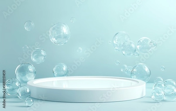 Obraz A light blue podium with floating bubbles