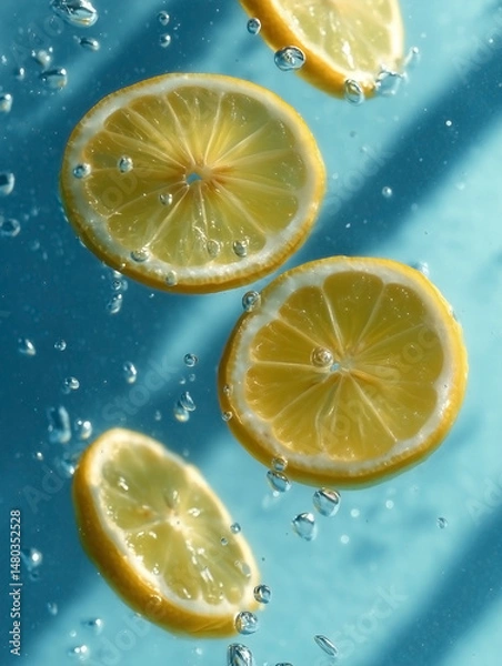 Fototapeta Thin lemon slices floating in water with bubbles, dynamic close-up on aqua background, refreshing citrus summer concept for beverage or wellness ads