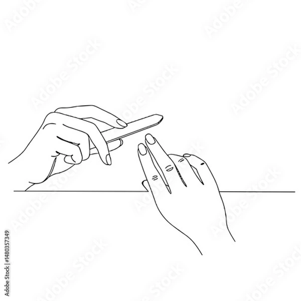 Fototapeta Two hands filing nails with a nail file in a minimalist style - concept
