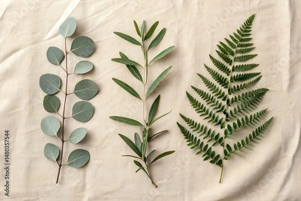 Fototapeta Realistic flat lay of different leaves (eucalyptus, fern, olive) arranged on beige linen fabric, soft morning light, harmonious natural tones, minimal styling.