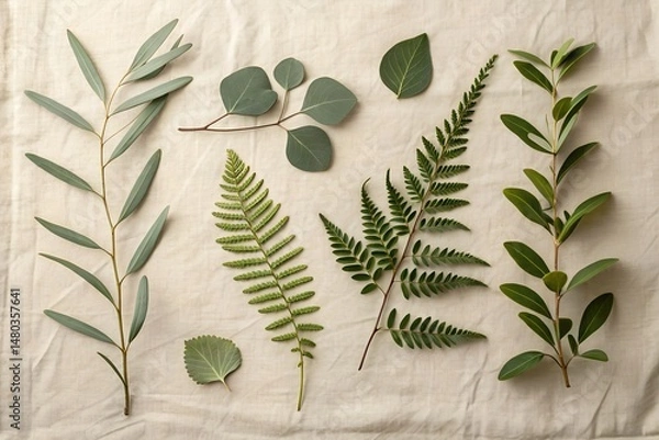Fototapeta Realistic flat lay of different leaves (eucalyptus, fern, olive) arranged on beige linen fabric, soft morning light, harmonious natural tones, minimal styling.