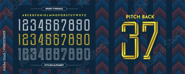 Obraz Pitch Back 37: Sport upper lines gold number design. Jersey concept with good red-blue color. Typography condensed Vector illustration
