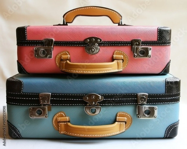 Fototapeta Stacked colorful vintage suitcases with leather handles and clasps against neutral background