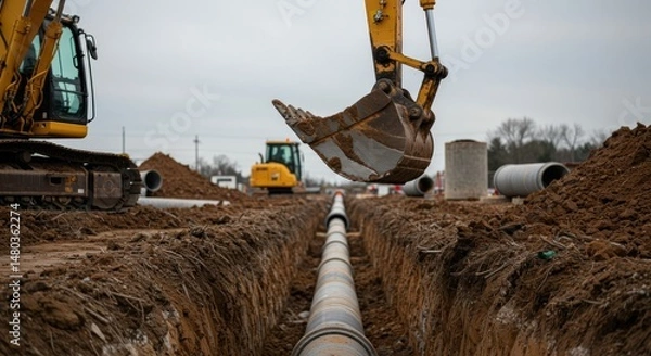 Obraz Excavator installing pipeline, photo