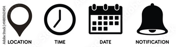 Fototapeta Date, Time, Address icon set, containing Calendar, address location pointer and alarm bell. Notice alert, Notification, schedule, time clock vector illustration