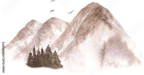 Fototapeta Majestic Mountain Range with Evergreen Trees Below