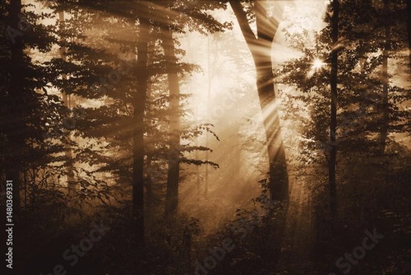 Fototapeta sun rays in magical forest on autumn morning