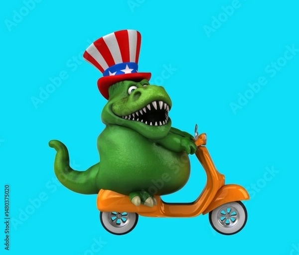 Fototapeta Fun 3D cartoon dino with an uncle sam hat
