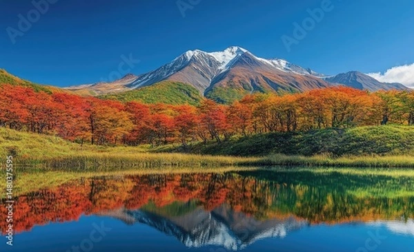 Obraz Autumnal mountain lake with vibrant fall colors reflected in still water