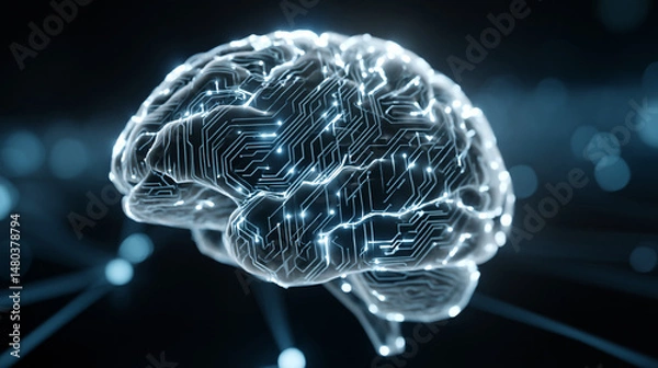 Fototapeta Futuristic Glowing AI Brain with Circuit Lines and Soft Bokeh Background