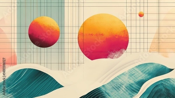 Fototapeta Abstract geometric design with vibrant circles and wavy lines.