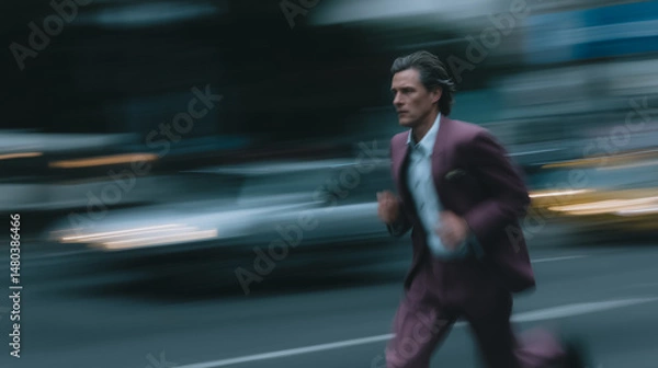 Fototapeta Action in the City: A determined figure sprints through a bustling city street, capturing the dynamism and energy of urban life with blurred motion effects.