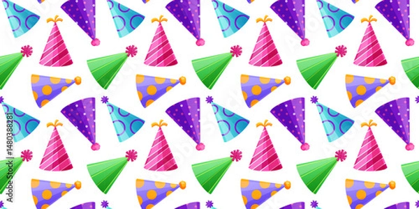 Fototapeta Seamless pattern with colorful party hats in various styles. Perfect for birthday cards, wrapping paper, festive decorations, kids’ parties, and celebration themed designs