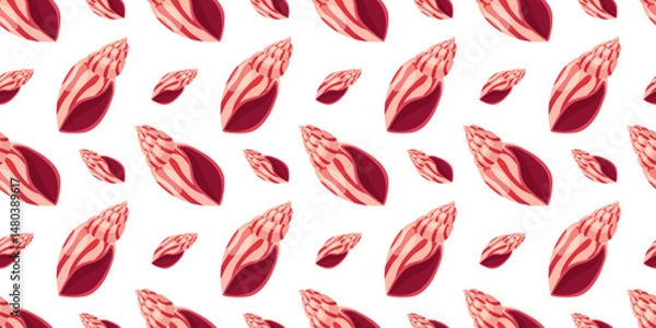 Fototapeta Seamless pattern with pink seashells on white background. Elegant marine design perfect for packaging, summer textiles, backgrounds, and beach-themed branding.