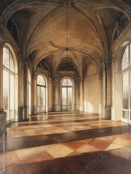 Fototapeta Empty ballroom interior with arched ceiling and checkered floor casting shadows from windows in a grand hall