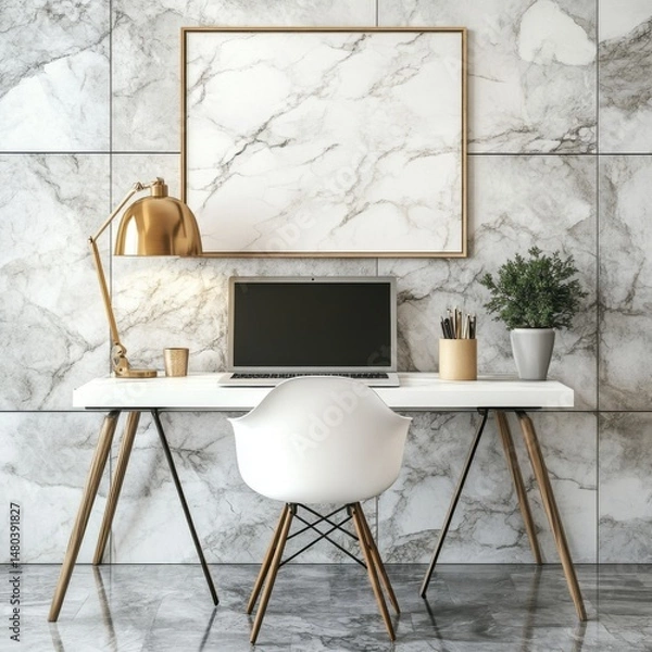 Fototapeta Modern home office setup with marble background featuring laptop desk chair lamp and plant in daylight